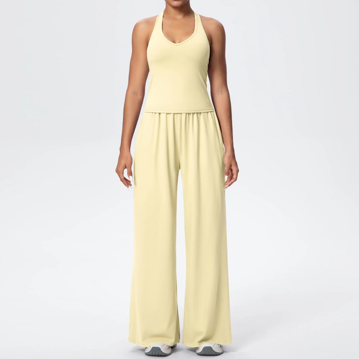 Damen-Yoga-Set: Tanktop und weite Hose, hellgelb, mit gerafftem Bund