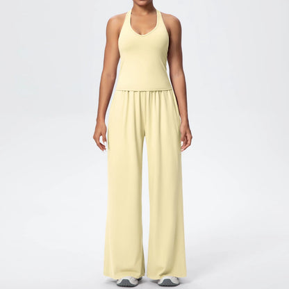 Damen-Yoga-Set: Tanktop und weite Hose, hellgelb, mit gerafftem Bund
