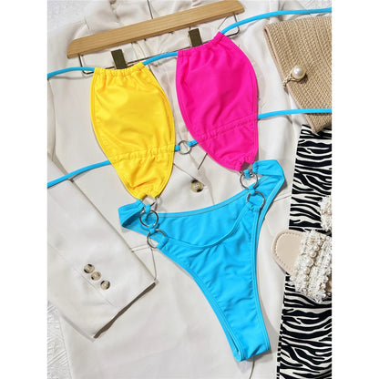 Damen Badeanzug Neckholder Cut-Out rückenfrei Monokini hoher Beinausschnitt gepolstert