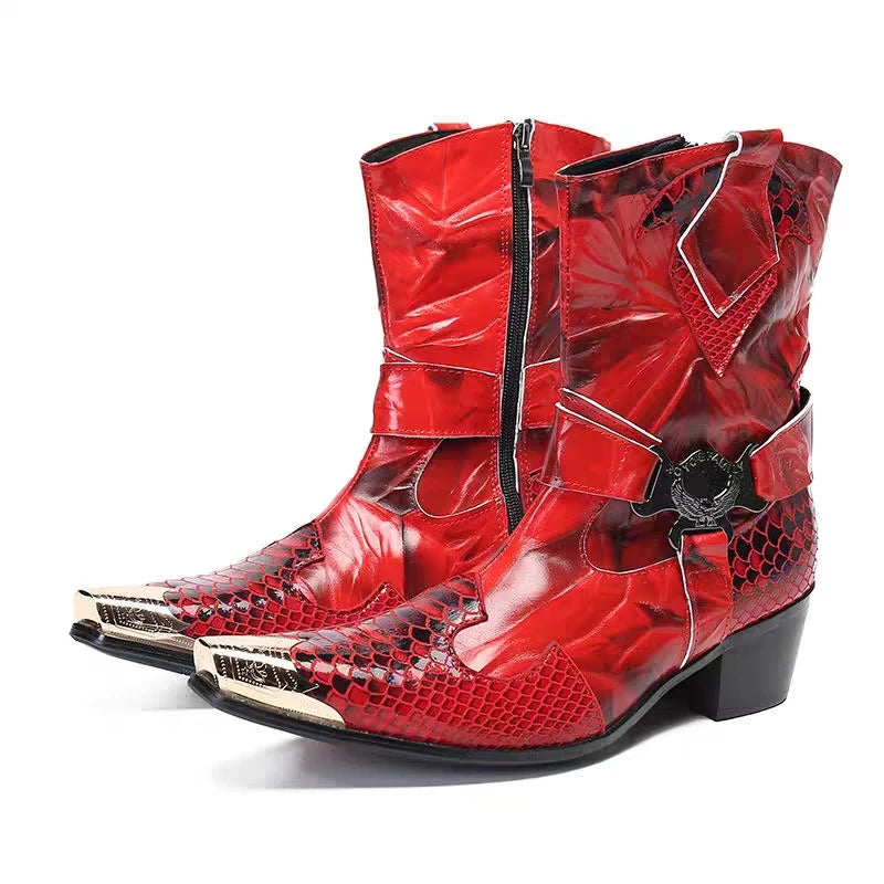 Herren-Stiefelette mit spitzer Kappe, rotes Schlangenmuster und seitlicher Reißverschluss