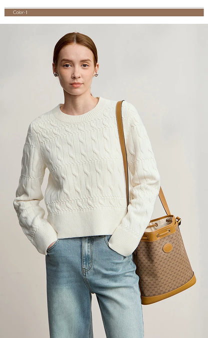Damen-Rundhalspullover kurz einfarbig Retro locker Winter