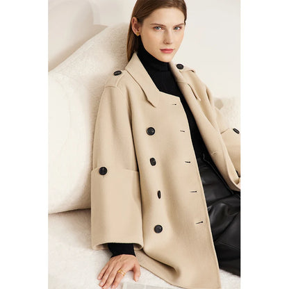 Damen Wollmantel im minimalistischen England Stil mit zwei Reihen Knöpfen