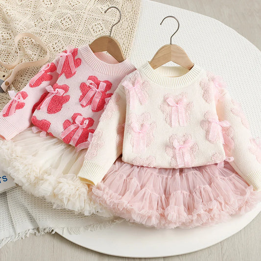Mädchen Outfit Set mit süßem Bär Bogen Pullover und Mesh Rock