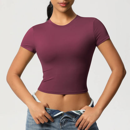 Damen Sport-T-Shirt, bordeaux, eng anliegend, Kurzarm, Rundhalsausschnitt