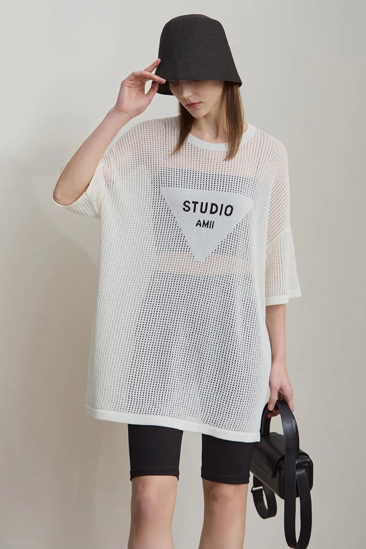 Damen-Rundhalspullover Buchstaben-Jacquard Halbarm locker Sommer