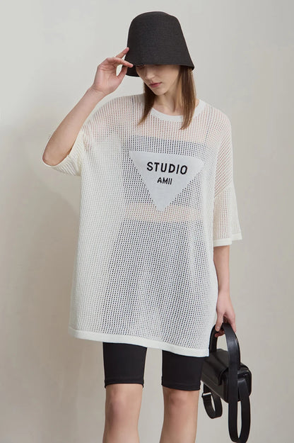Damen-Rundhalspullover Buchstaben-Jacquard Halbarm locker Sommer