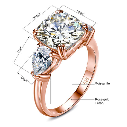 Damen-Ring Moissanit Drei-Stein Kissen-Schliff 5-Karat Zertifiziert Mit Echtheitszertifikat