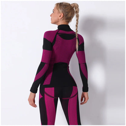Nahtloses Sportoberteil für Damen in Schwarz und Bordeaux, Rückansicht, Langarm mit Kontrastlinien.