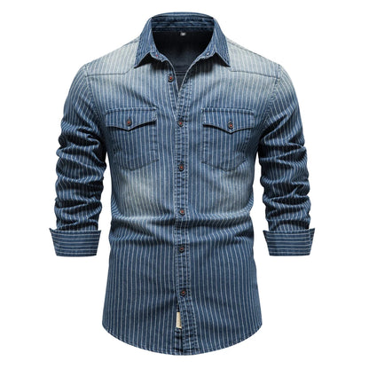 Herren Denim Shirts aus Baumwolle mit Streifen und langem Arm
