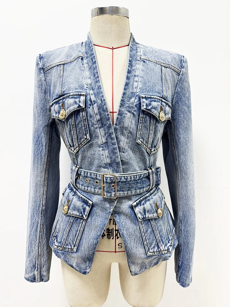 Damen-Blazer Denim Slim Gürtel Löwenknopf V-Ausschnitt Einknopf