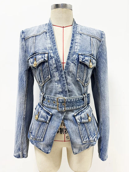 Damen-Blazer Denim Slim Gürtel Löwenknopf V-Ausschnitt Einknopf