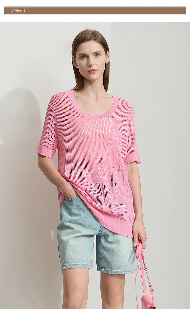 AMII Kurzarm-Strickpullover in pink mit U-Ausschnitt und Lochmuster
