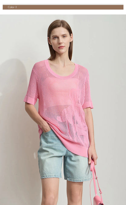 AMII Kurzarm-Strickpullover in pink mit U-Ausschnitt und Lochmuster