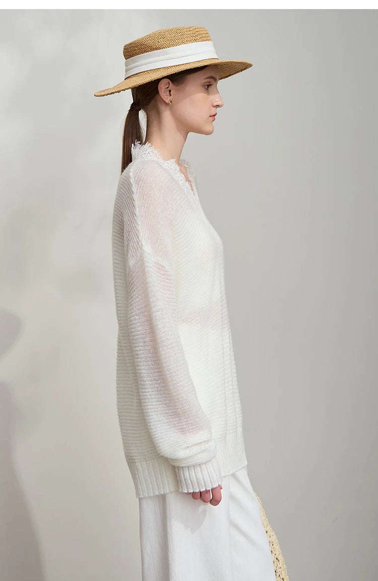 Damen V-Ausschnitt Pullover Mohair Spitze locker mittellang Frühling