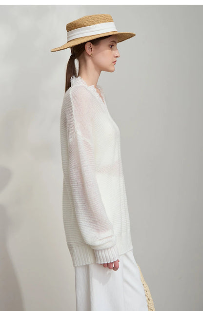 Damen V-Ausschnitt Pullover Mohair Spitze locker mittellang Frühling