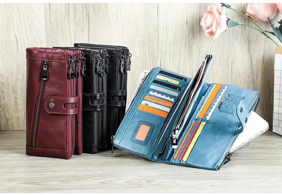 Damen Echtleder Lange Geldbörse Vintage Clutch Reißverschluss Handytasche Kartenhalter