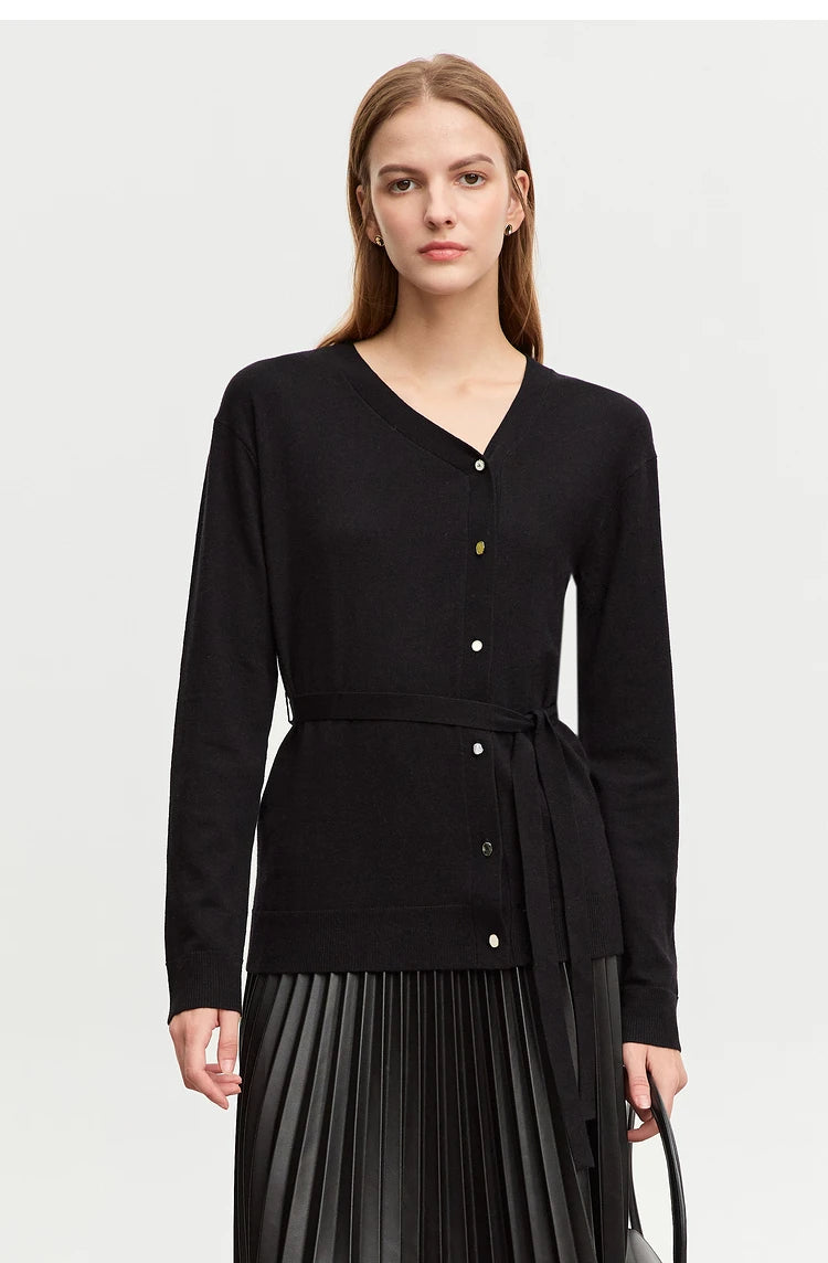 Damen-Strickjacke V-Ausschnitt chinesischer Stil Gürtel Langarm Herbst