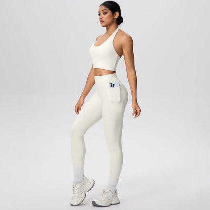 Elfenbeinfarbenes Yogaset für Frauen: Sport-BH und lange Leggings, mit Handyfach vorn