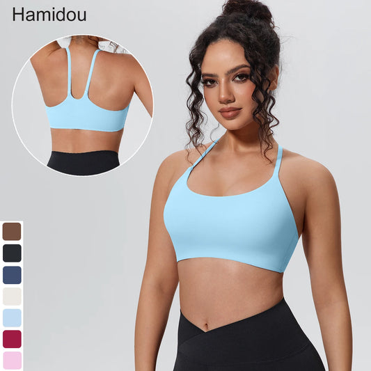 Damen-Yoga-BH mit breiten Trägern, hellblau, mittellange Passform für guten Halt