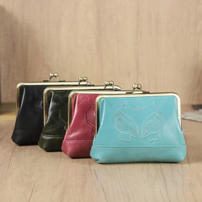 Damen Echtleder Münzbörse Vintage Fuchs Stickerei Klickverschluss Kartenfächer