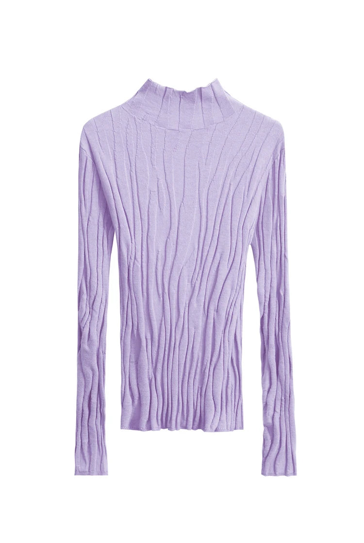 Damen-Wollpullover mit Stehkragen, langärmlig, fliederfarbene Rippstrick-Optik