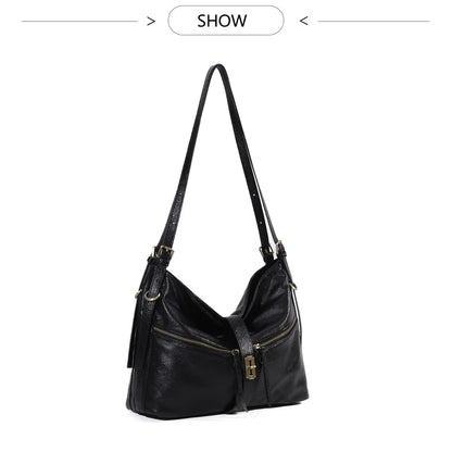 Damen-Schultertasche aus Vintage Öl-Wachs-Leder mit großem Stauraum und Mehrfach-Reißverschlussfächern