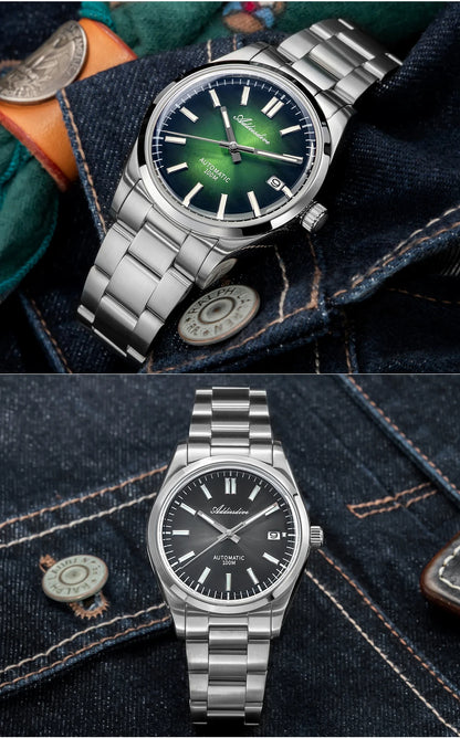 Herren-Vintage-Automatikuhr mit Sunburst-Zifferblatt und gewoelbtem Saphirglas