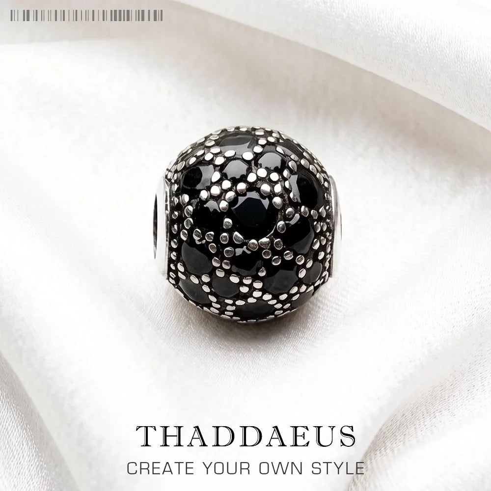 Karma-Charms mit schwarzer Perle, 925 Sterlingsilber, funkelndes Ornamentmuster