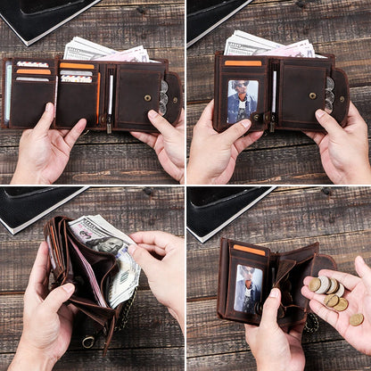 Herren Echtleder Geldbörse Trifold Metallkette RFID Kartenhalter Geldclip