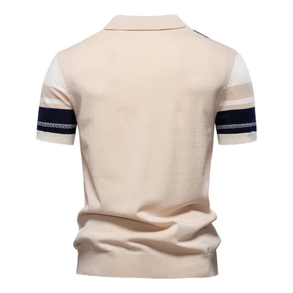 Herrenpoloshirt Rückansicht in Beige mit dunkelblauen und gelben Seitenstreifen