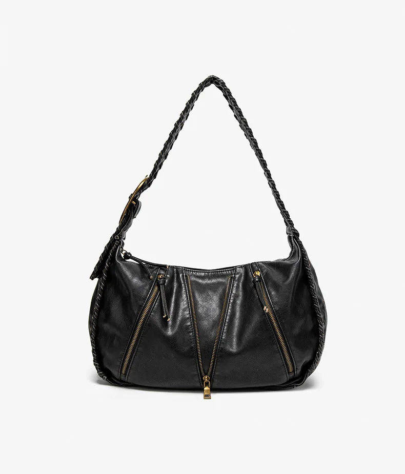 Damen-Hobo-Handtasche Vintage-Stil aus weichem Kunstleder mit geflochtenem Tragegurt und Mehrfach-Reißverschlussfächern