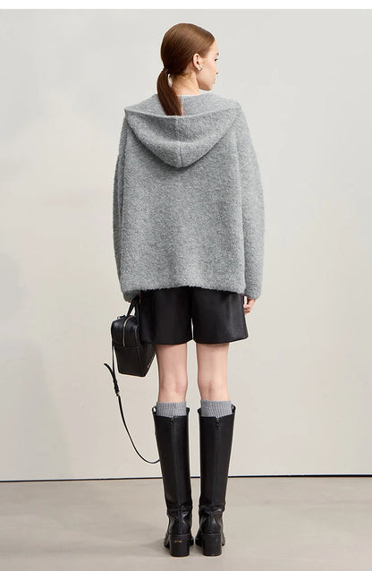 Damen-Kapuzenpullover Wolle Reißverschluss locker dick warm Winter