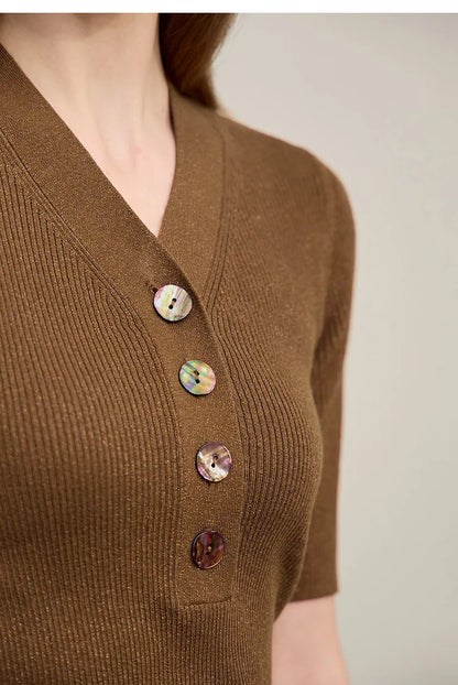 Damen V-Ausschnitt Pullover Wolle-Mix Halbarm Slim Frühling-Herbst