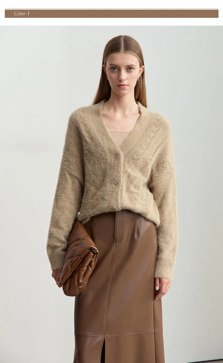 Damen-Strickjacke V-Ausschnitt Nerz-Imitat locker dick Winter