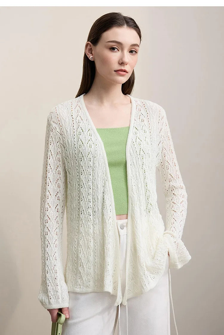 Damen-Strickjacke V-Ausschnitt Wolle Hohlstrick locker Langarm Frühling