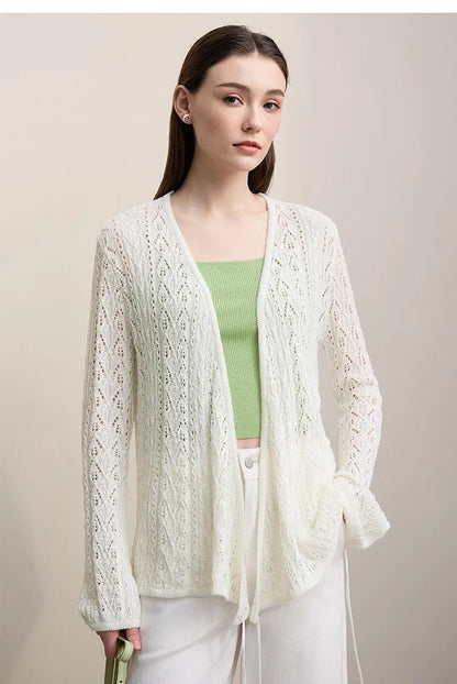Damen-Strickjacke V-Ausschnitt Wolle Hohlstrick locker Langarm Frühling