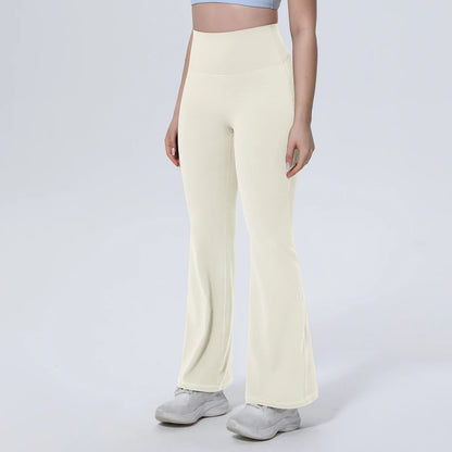 Damen-Yogahose hohe Taille, weites Bein, hell cremefarben, seitlicher Look