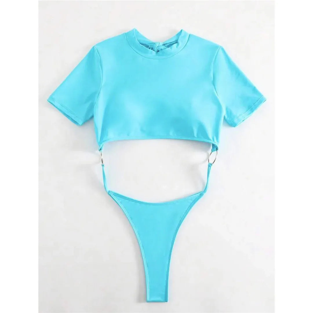 Damen Badeanzug Micro Tanga Cut-Out Monokini Kurzarm 9 Farben