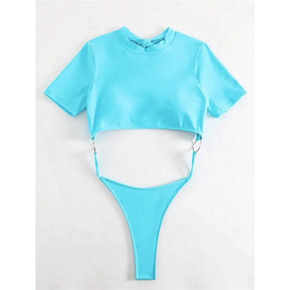 Damen Badeanzug Micro Tanga Cut-Out Monokini Kurzarm 9 Farben