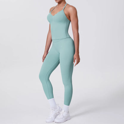 Petrolfarbenes Damen-Yoga-Set: Träger-Top und Leggings mit schmaler Passform