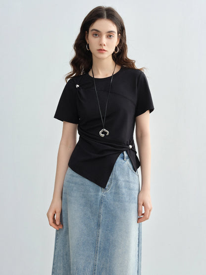 Kurzarmshirt für Damen in Übergröße mit Rundhalsausschnitt und Origami-Print – Sommerliches Design mit Schleifendetail