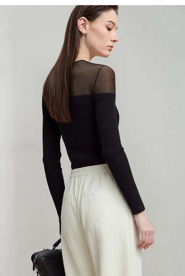 Damen V-Ausschnitt Pullover Viskose Mesh Organza Slim Frühling