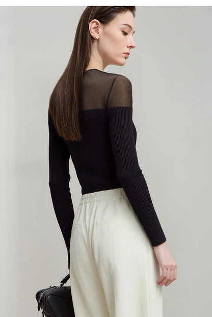 Damen V-Ausschnitt Pullover Viskose Mesh Organza Slim Frühling
