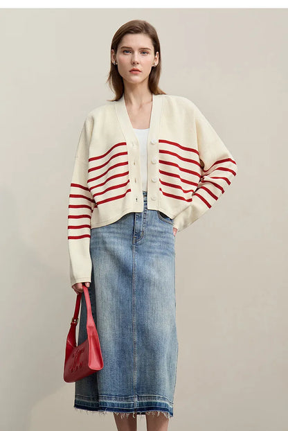 Damen-Strickjacke Baumwolle V-Ausschnitt Kontraststreifen kurz Raglan Frühling