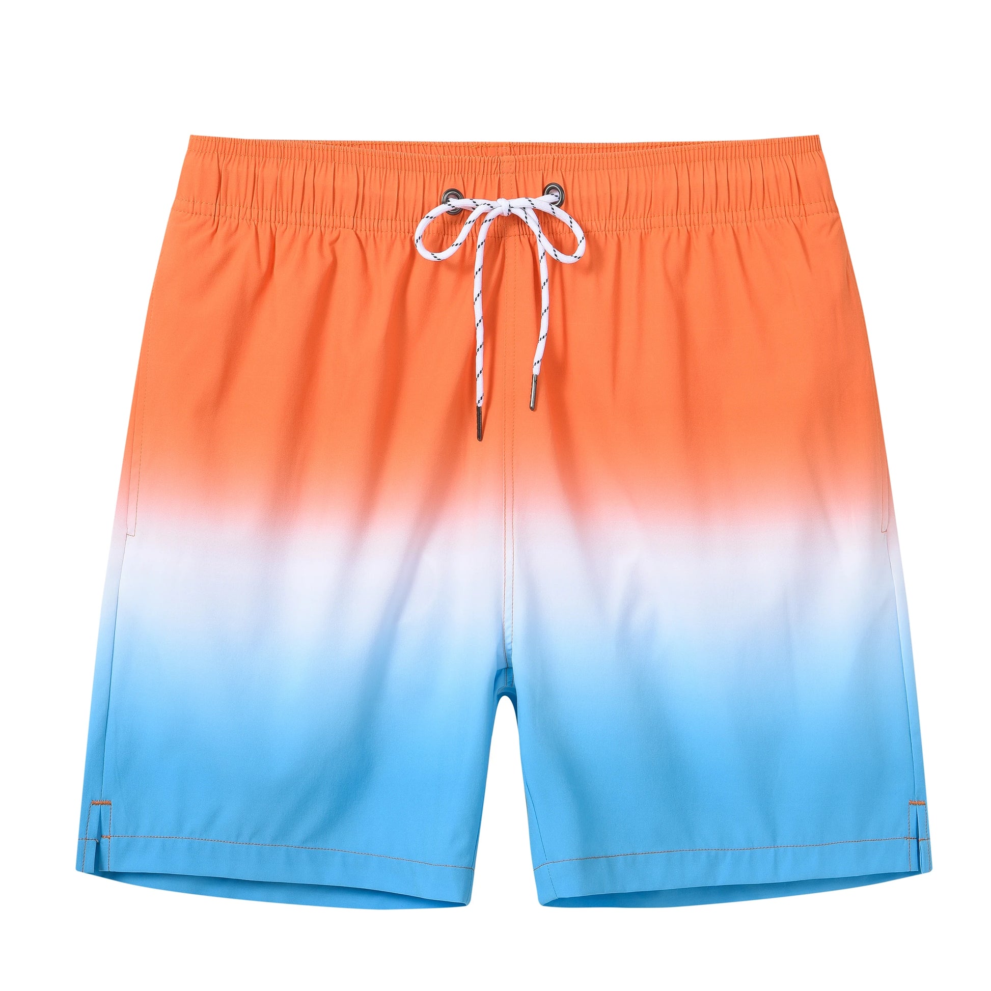 Herren-Badeshorts mit Kordelzug, Farbverlauf Orange zu Hellblau, seitliche Nähte