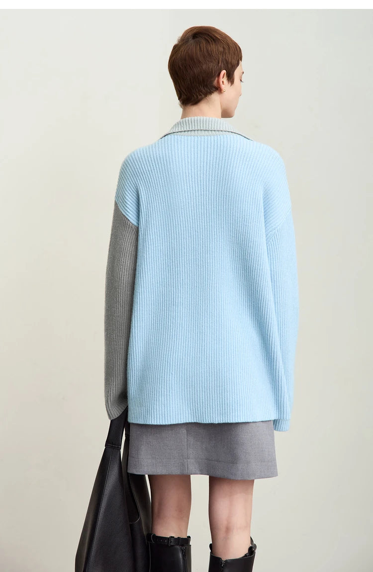 Damen V-Ausschnitt Pullover Patchwork Raglan locker Herbst-Winter