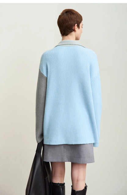 Damen V-Ausschnitt Pullover Patchwork Raglan locker Herbst-Winter