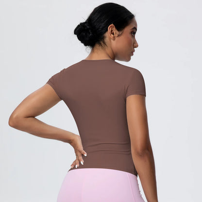 Damen-Yoga-Shirt, braun, kurzarm, Rückenpartie mit Taillennaht