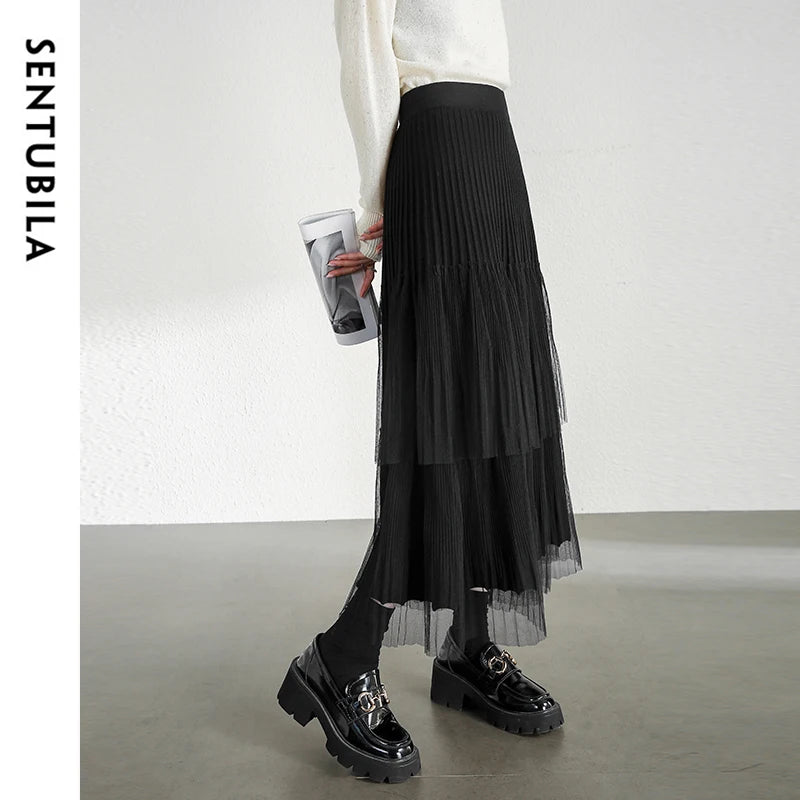 Damen A-Linien-Rock mit Plissee-Details im eleganten Patchwork-Mesh-Design