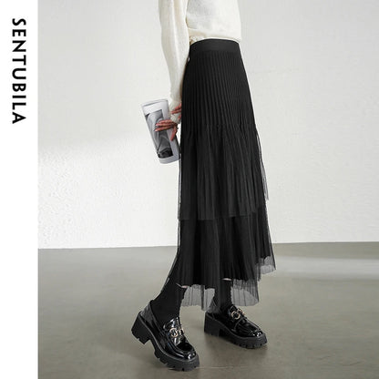 Damen A-Linien-Rock mit Plissee-Details im eleganten Patchwork-Mesh-Design